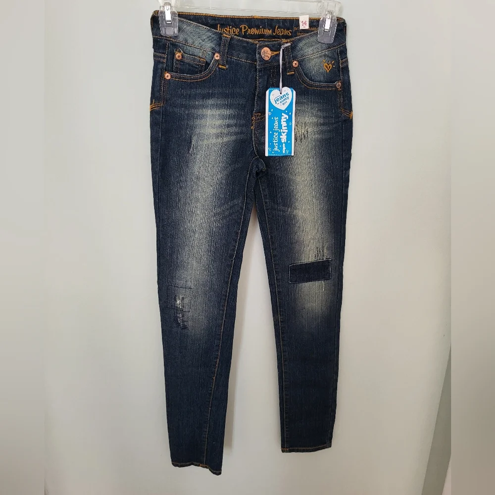 Justice Premier Jeans Girls 14 Slim 14S Dark Wash Super Skinny Denim Jeans Patch